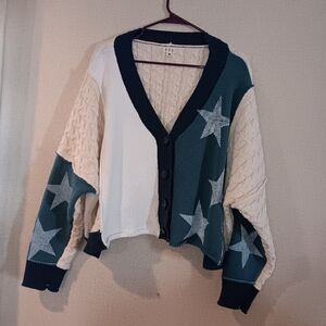 POL Two-Tone Chunky Star Crochet Button Cardigan - White & Teal Sz M